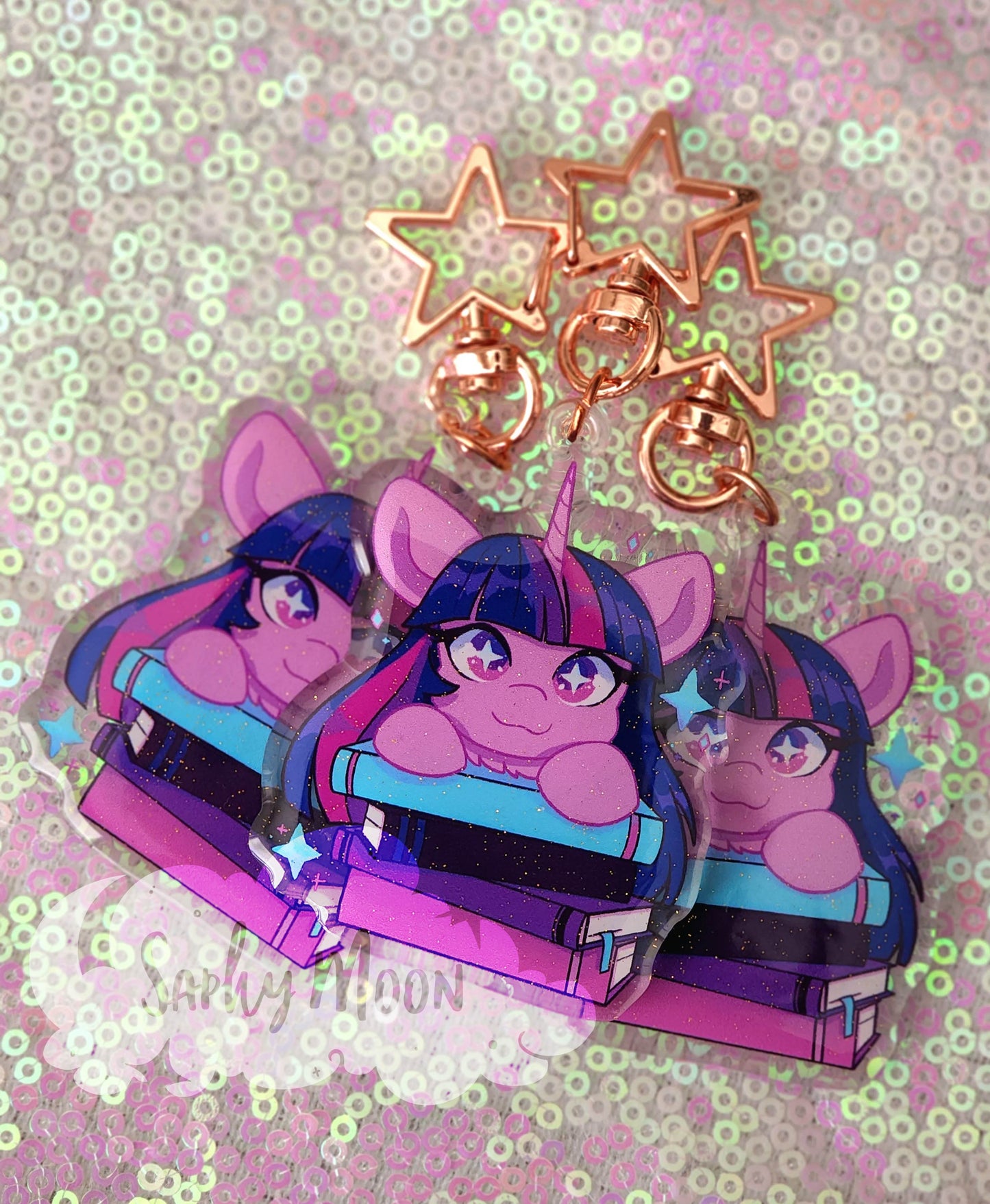 Cartoon character with pink hair and blue outfit on a glittery pink background