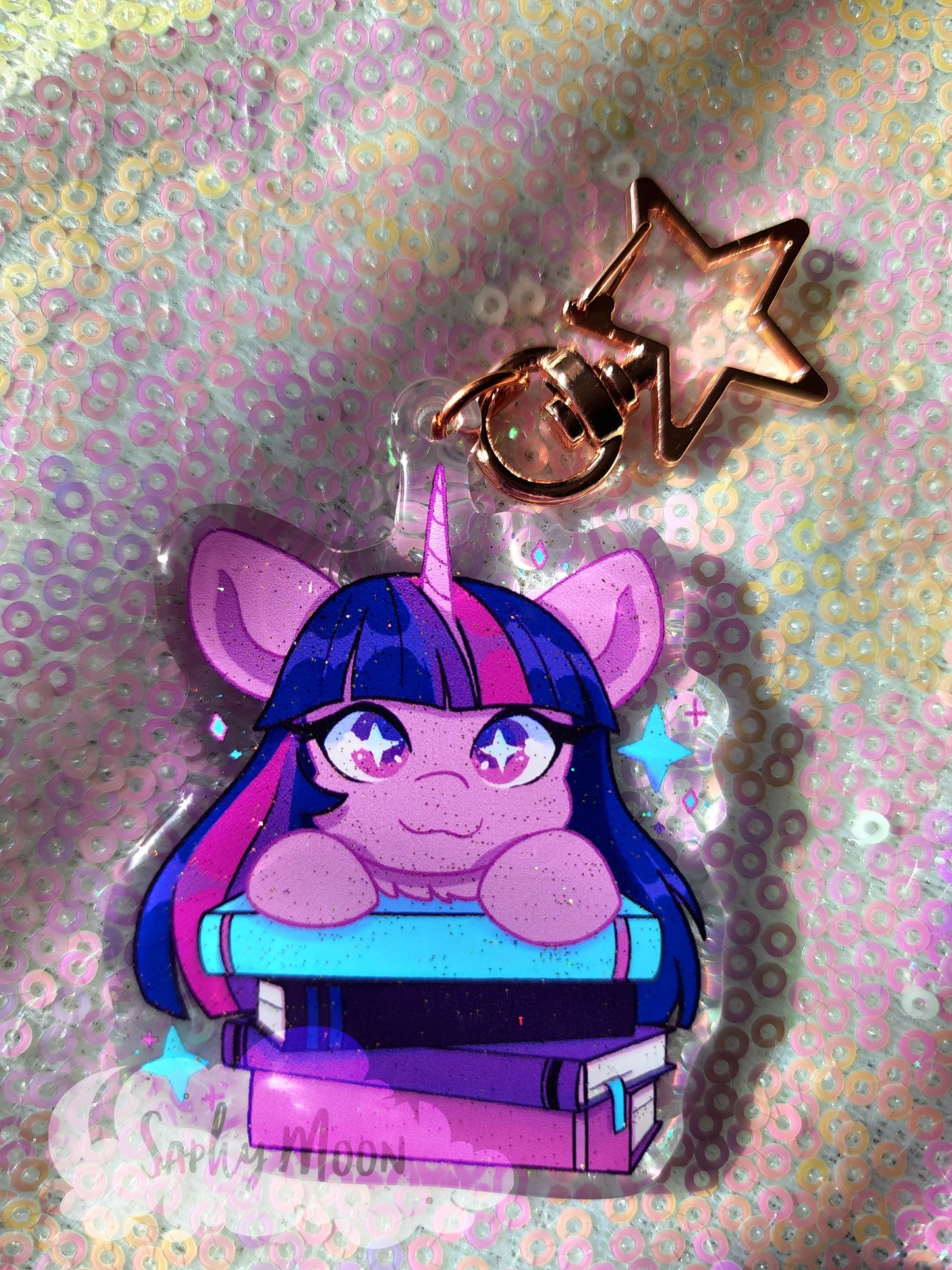 Cartoon character with purple hair and glasses on books against a glittery background
