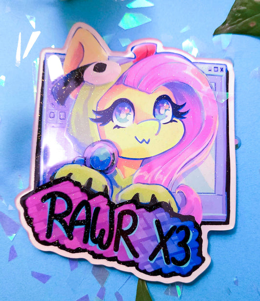 Colorful cartoon character with 'RAWR x3' text on a blue background