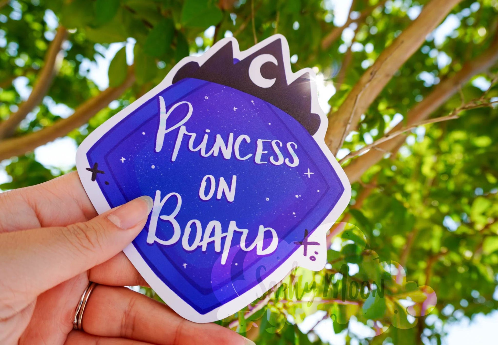 Hand holding a blue 'Princess on Board' magnet with trees in the background