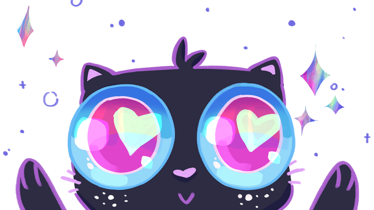 Cartoon cat with heart-shaped eyes and sparkly background
