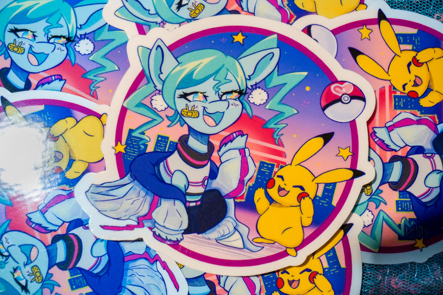 Colorful stickers featuring animated characters on a textured surface