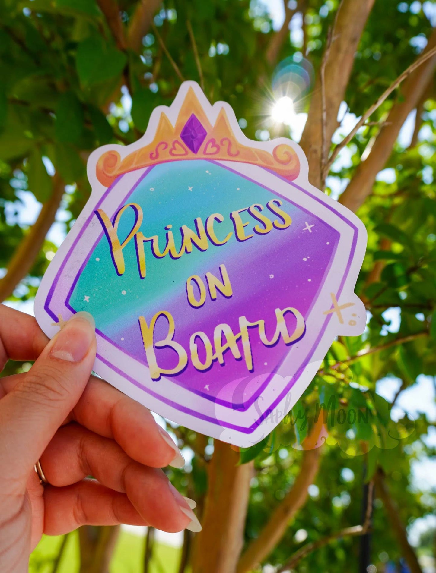 Sticker with 'Princess on Board' text held in front of a tree