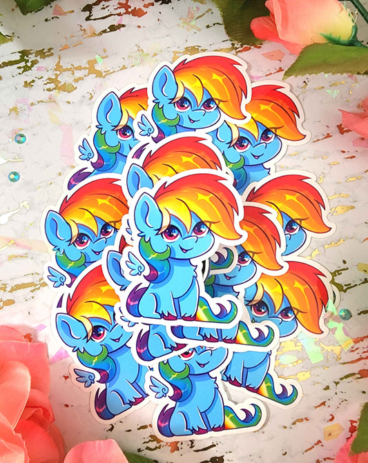 Colorful cartoon character with rainbow hair on a decorative background