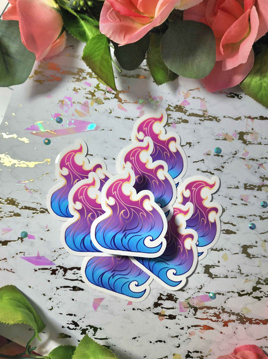 Blue and Purple fire stickers on a decorative table