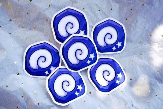 Set of blue and white spiral-shaped stickers on a starry background