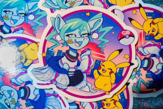Colorful stickers featuring animated characters on a textured surface